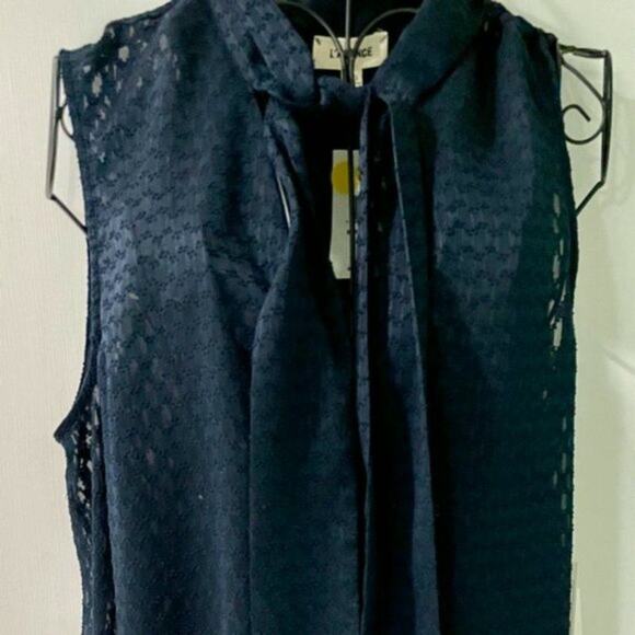 L'Agence Womens Navy Blue Tie Neck Lace V Neck Sleeveless Sheer Blouse L - Picture 3 of 8